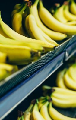 Bananas on shelf in grocery